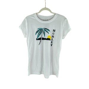 Hurley Palm Tree Print Tee White Size L Short Sleeves Casual Summer Cotton Blend